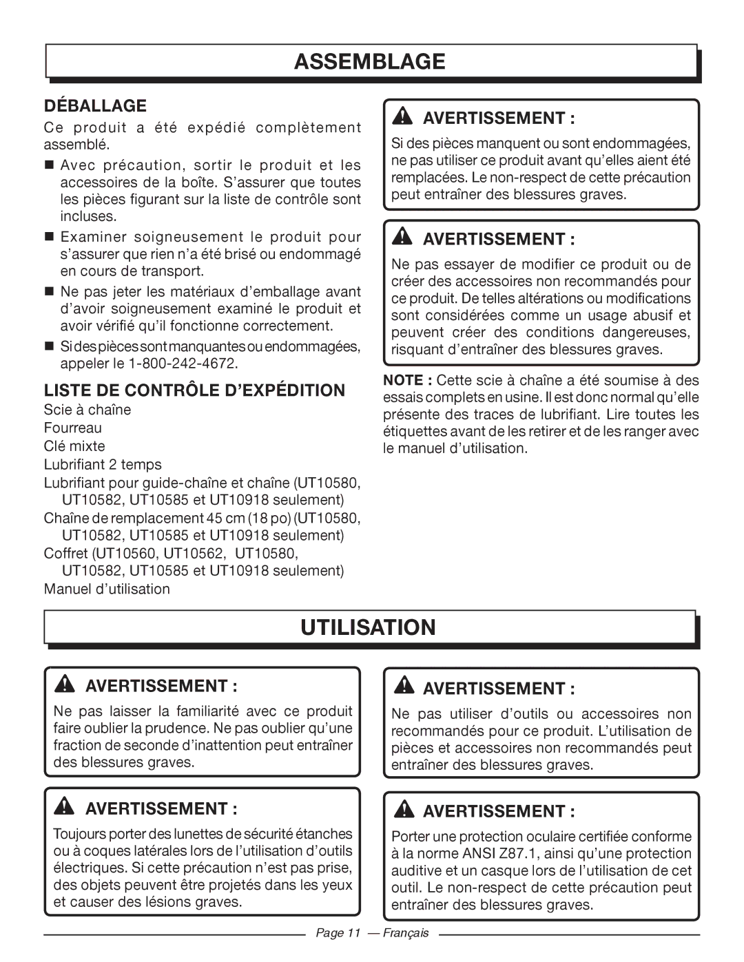 Homelite UT10562, UT10918, UT10585, UT10582, UT10560 Déballage, Liste DE Contrôle D’EXPÉDITION, Avertissement AVERTISSEMENT  